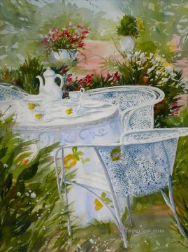watercolor landscape Painting - tea at garden watercolor